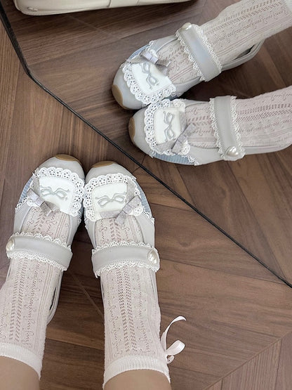Sneakers Flat with Sweet Bow Lace Edging Gray Decorative Lolita - Velcro Fastening Style