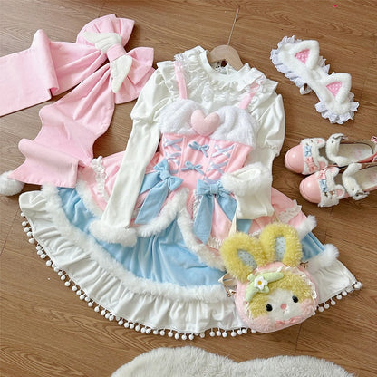Lolita Winter and Sweet Trimming for Autumn Pink Plush Dress
