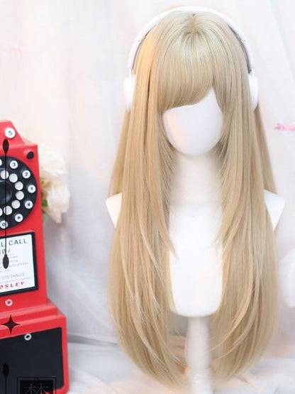 Side-swept Black Bust Under Wig Tea/Blonde Bangs Straight 60-65CM Length With