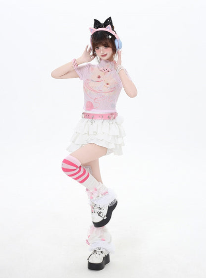 Cropped Beige/Light Pink Yume T-Shirt Adorable Animal Print Semi-sheer Kawaii