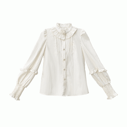Beige gestreifte Bluse mit Bischofsärmeln und elastischen Bündchen