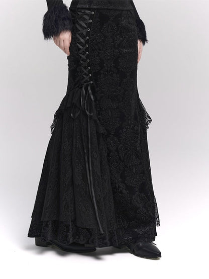 Black Velvet Mermaid Skirt with Lace-up Detail at Side