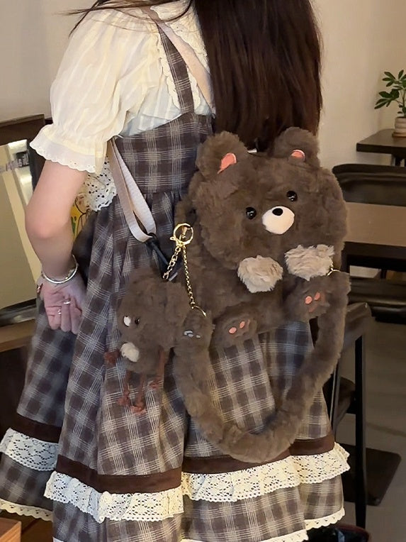 Sac à dos à rabat en peluche ours brun mignon, taille moyenne/grande