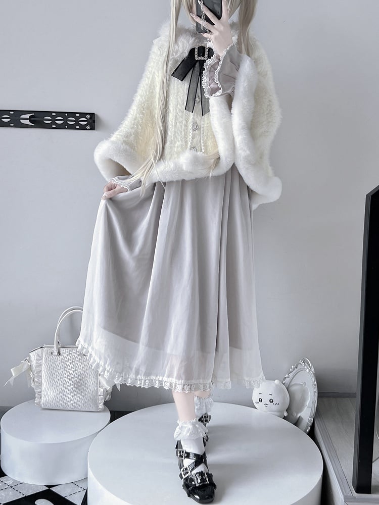 Jirai Kei Black/White Plush Trimming Knit Cape