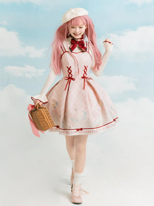 Pink and Red Trim Lace-up Front Jumper Skirt + Apricot Long Sleeves Top