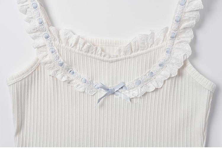 Bowknot Blue Contrast White Ruffled Lace Trim Sweet Sleeveless Top