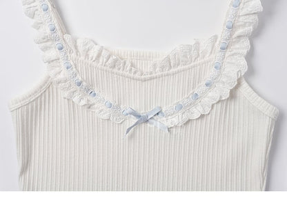Bowknot Blue Contrast White Ruffled Lace Trim Sweet Sleeveless Top