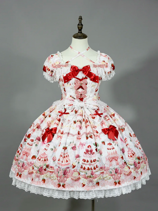 Bow Sweet Set Print White Strawberry Accents / Lolita Full Cake Dress