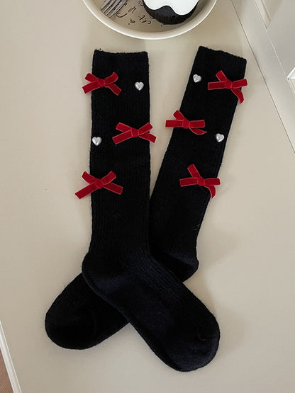 White Lolita Bowknot Heart Calf Socks