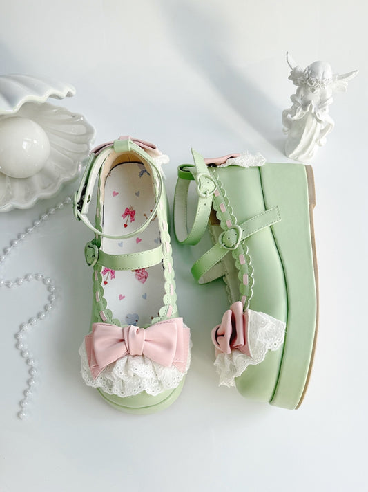Buckles Heart at Bow Green Trim Platforms Apple Top Lace