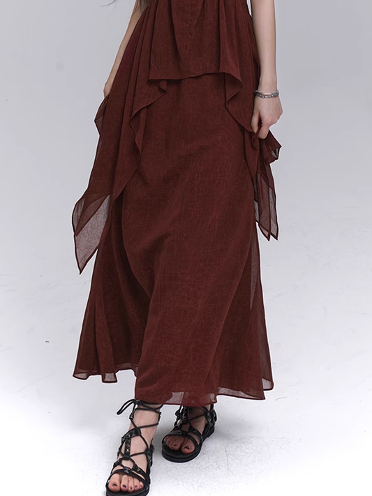 Waist Ankle Length Skirt Dark Red Elastic