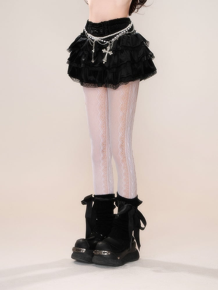 Black Pink Lace Trim Balletcore Tiered Skirt