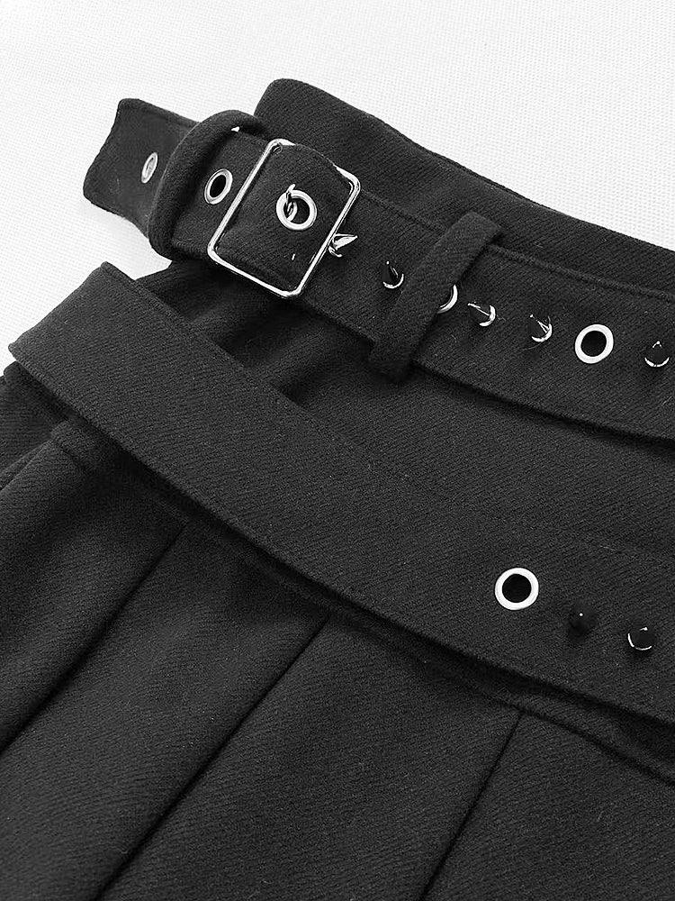 Black Buckle Belt with Stud Details Pleated Skirt with Tights