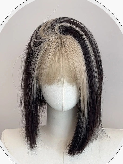 Black Shoulder Length Straight Synthetic Wig With Blonde Bangs