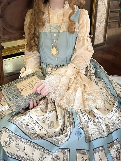 Dress Lolita Blue Print Square Neckline Elegant Classic with