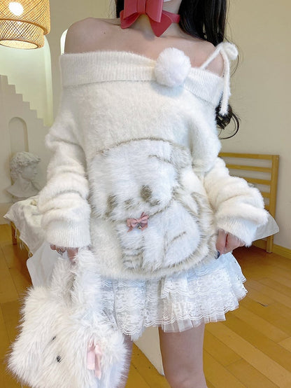 with Plush Pink Sweater Bow Off-Shoulder Beige Kawaii Puppy Details Bell