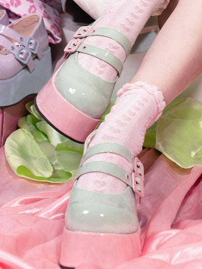 Leather PU Buckles Sweet Pink Lolita Green Sole Platforms with Wedge