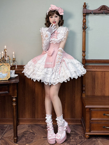 Pink Striped Fabric Slim Fit Waist White Layered Ruffle Neck Sweet Lolita Sleeveless Dress