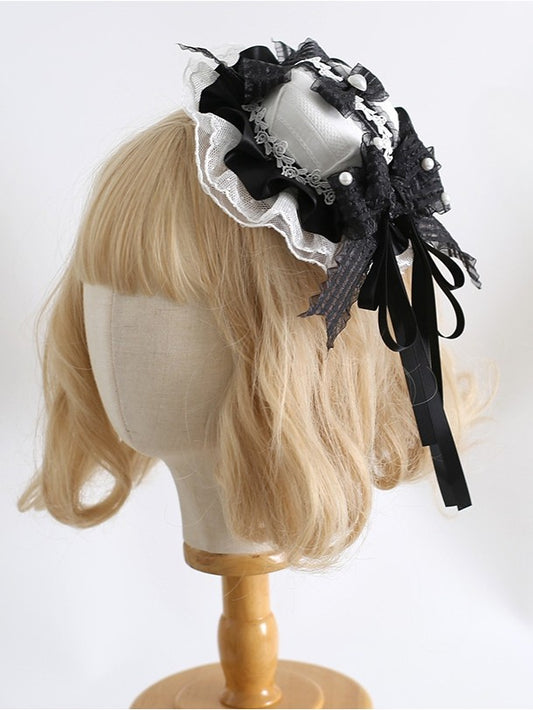 Perlenspitze, süße Clips, Details, Schleifenbesatz, weiß-schwarzer Hut, Mini, verziert mit Lolita