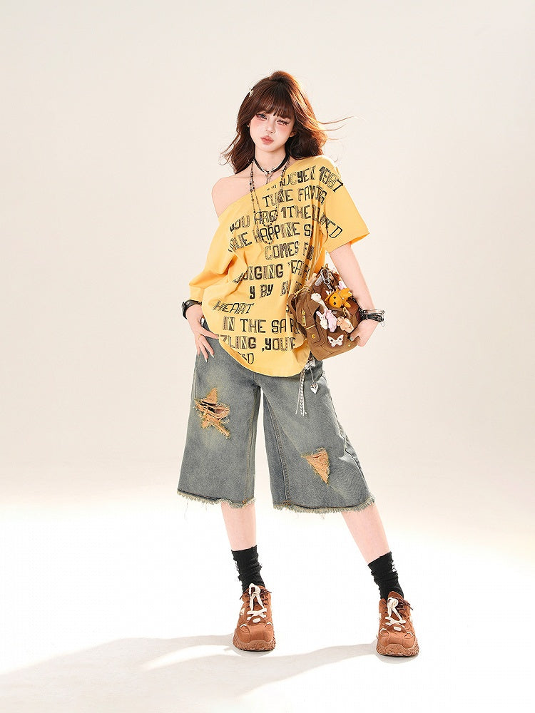 Asymmetrical Neckline Letter Print Loose T-Shirt Yellow/White/Black