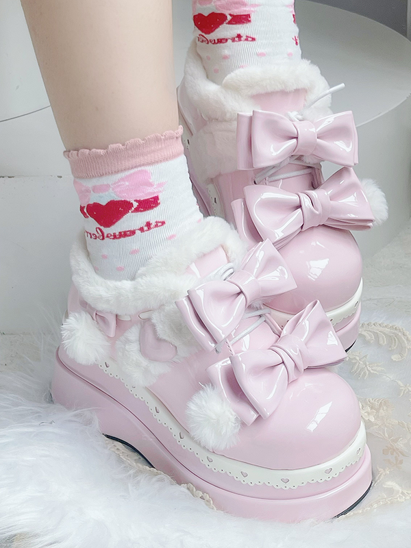 Lolita Pink Cute Heart Bowknot Platform Shoes With Pompons