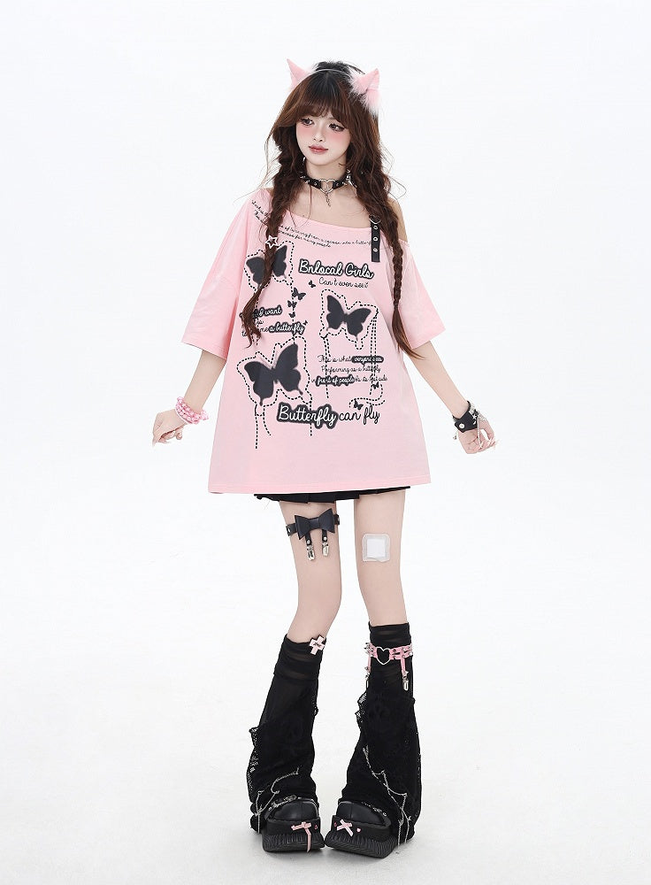 Asymmetrical Neckline Butterfly Print Heart Buckle Black/Pink T-Shirt Loose