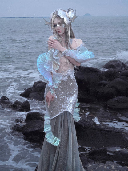 Sequins Mermaid Fairy Bodycon Dress Goth Shining Beaded Vacation Halter Neck