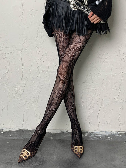 Black Y2K Floral Pattern Fishnet Tights