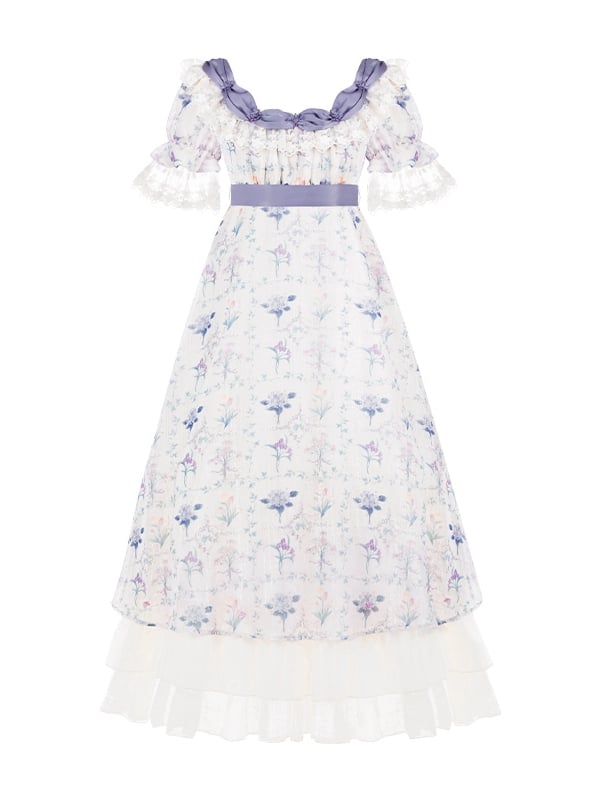 One Waist Print Iris Dress Lolita Piece Square Elegant Empire Floral Neckline