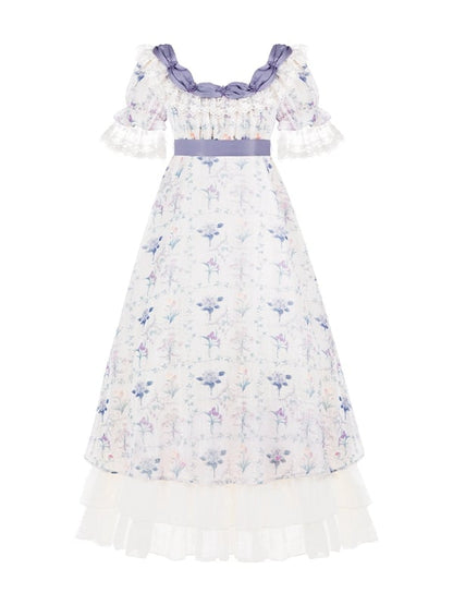 One Waist Print Iris Dress Lolita Piece Square Elegant Empire Floral Neckline