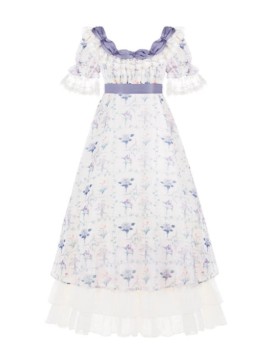 One Waist Print Iris Dress Lolita Piece Square Elegant Empire Floral Neckline