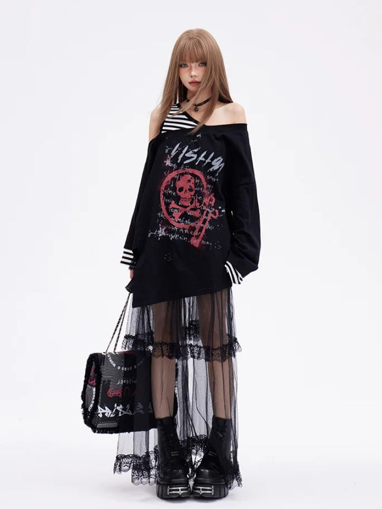 Print Skeleton Punk Top Faux Two-pieces Glamorous Black Asymmetrical Neckline and Hem