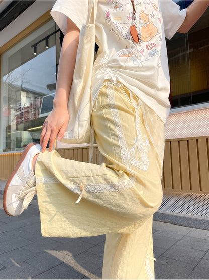 Bowknot Embroidery Wide-Leg Pants Yellow Regular/Short Version Waist High
