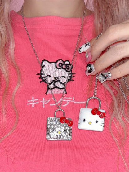 White/Rhinestone Kitty Pendant Necklace