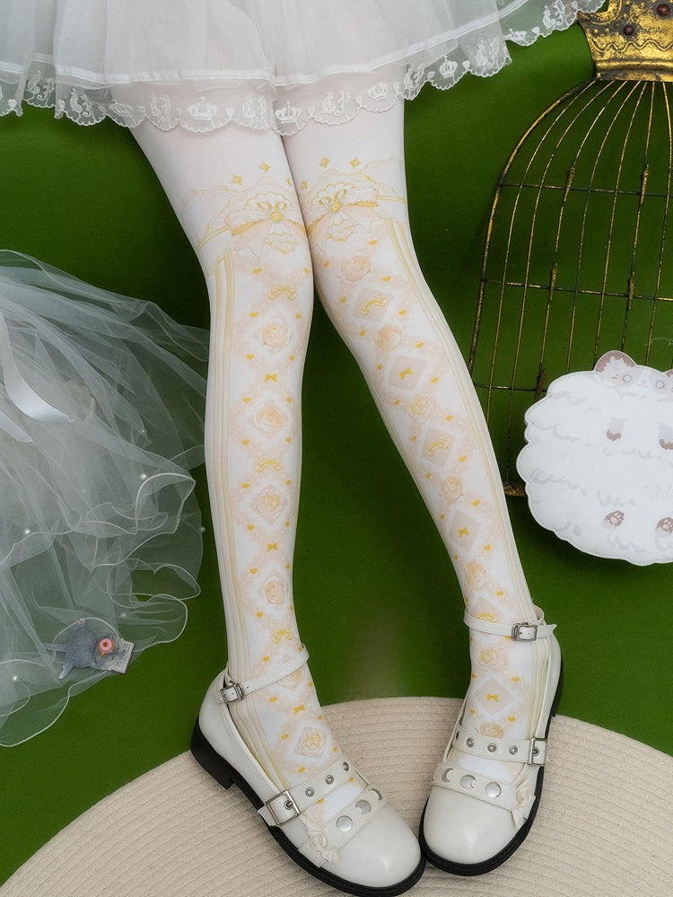 Print Tights Floral And Red/Pink/Blue/Black/Yellow Bowknot