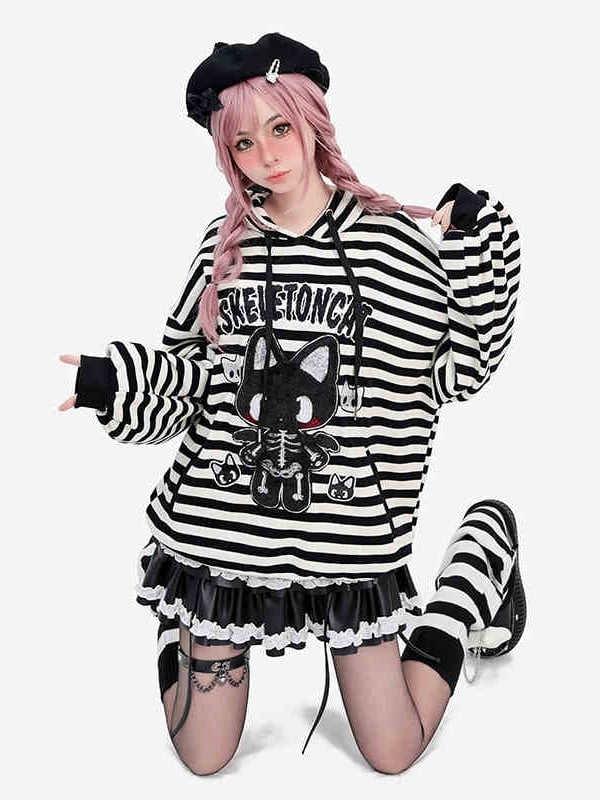 Y2K Skeleton Kitty Black and White Striped Hoodie