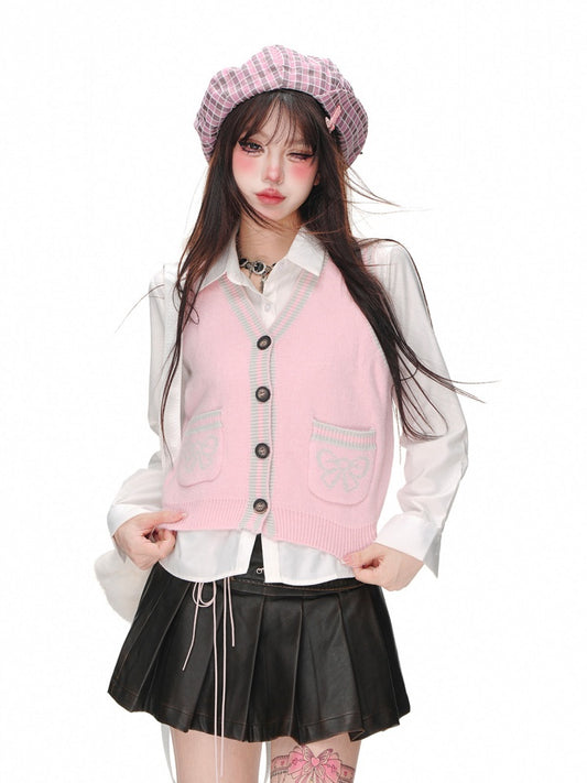 Bowknot Button Placket Preppy Style Knitted Vest