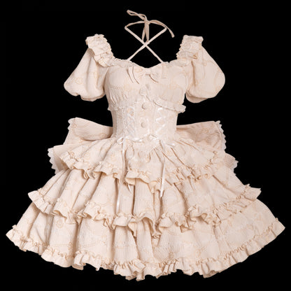 Champagne Princess Corset Waist Dress Ruffle Skirtith Big Bow