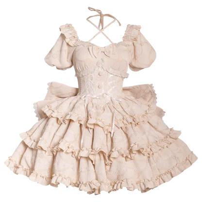 Ruffle Lolita Skirt Princess Corset Waist Dress Champagne OP with