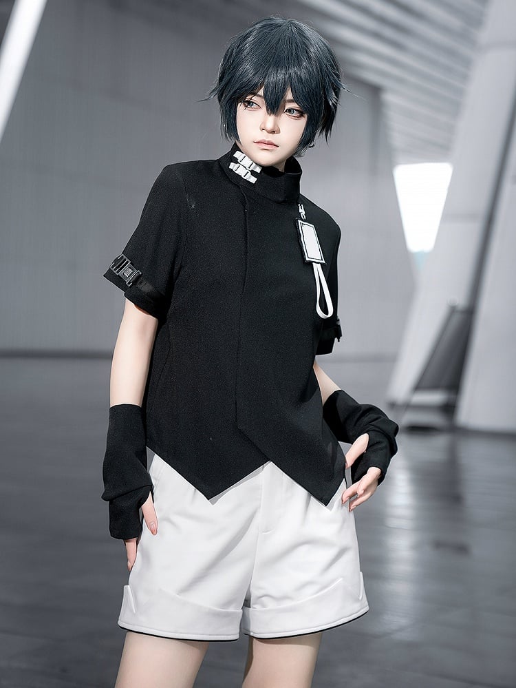 Techwear Fashion Neck Short Ouji Futuristic High Sleeves Top Black