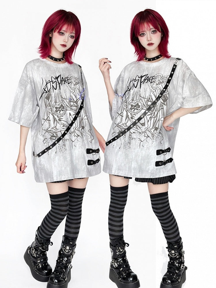 Anime Tie Strap Detachable Dye Decor Black/White T-Shirt with Print Girl Leather