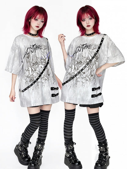Anime Tie Strap Detachable Dye Decor Black/White T-Shirt with Print Girl Leather