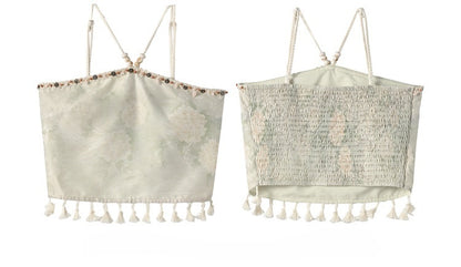 Fringe Hem Holiday Top Light Green Halter Neck Floral Print