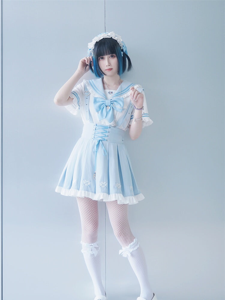 Cutout Blouse Blue Bowknot White Sailor Collar Heart-shaped Light