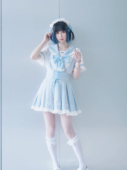 Cutout Blouse Blue Bowknot White Sailor Collar Heart-shaped Light
