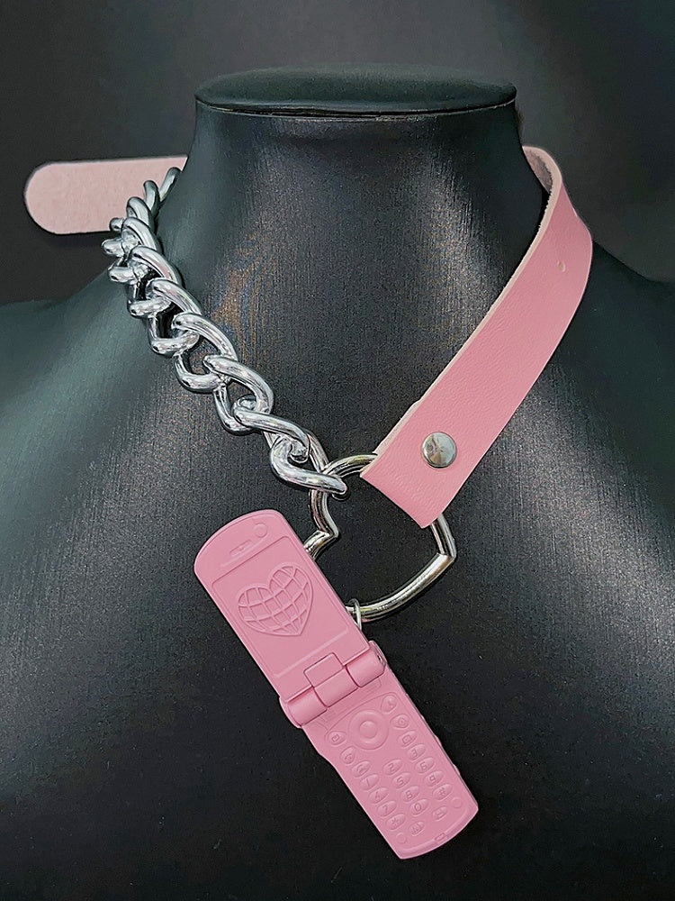 PU Pink/Silber Telefon Y2K Anhänger Choker
