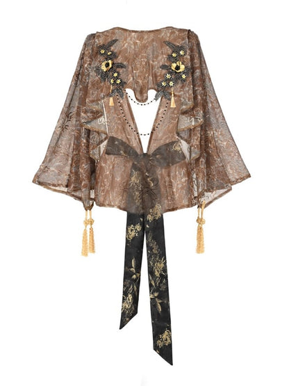 Gold High-low Cutout Back Shawl with Tassels and Bead Chain