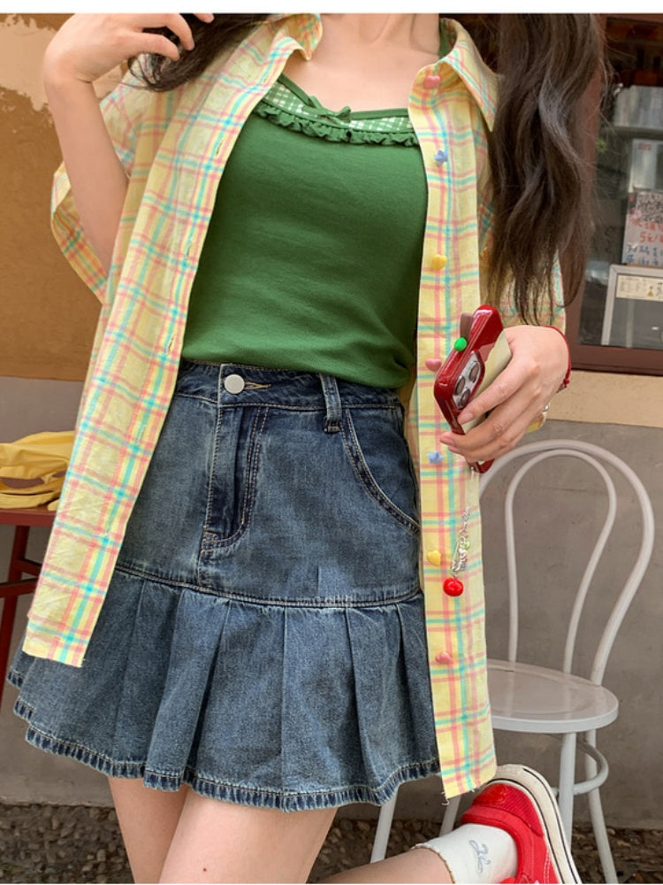 Plaid Shirt Set Green Faux Two-Pieces Cami Top with Yellow