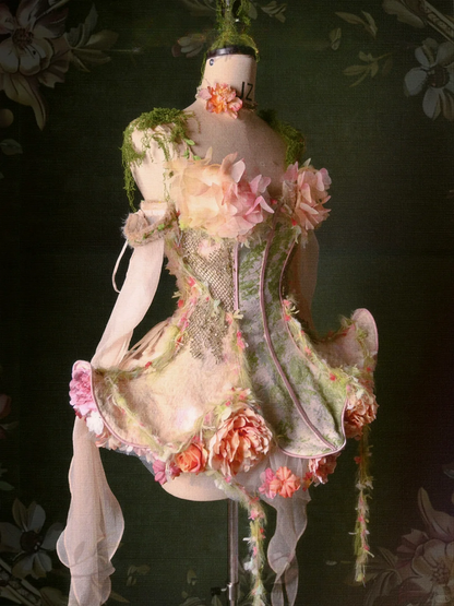 Straps Boned Floral Design Fairy Vine Green Top Pink Spaghetti and Goth Corset