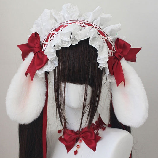 Serre-tête à oreilles de lapin avec nœud papillon et bordure en dentelle